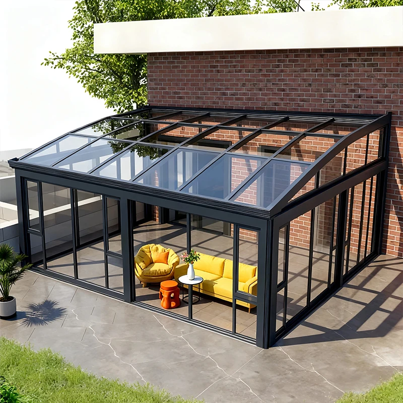Freestanding mobile glass sunroom in a garden setting