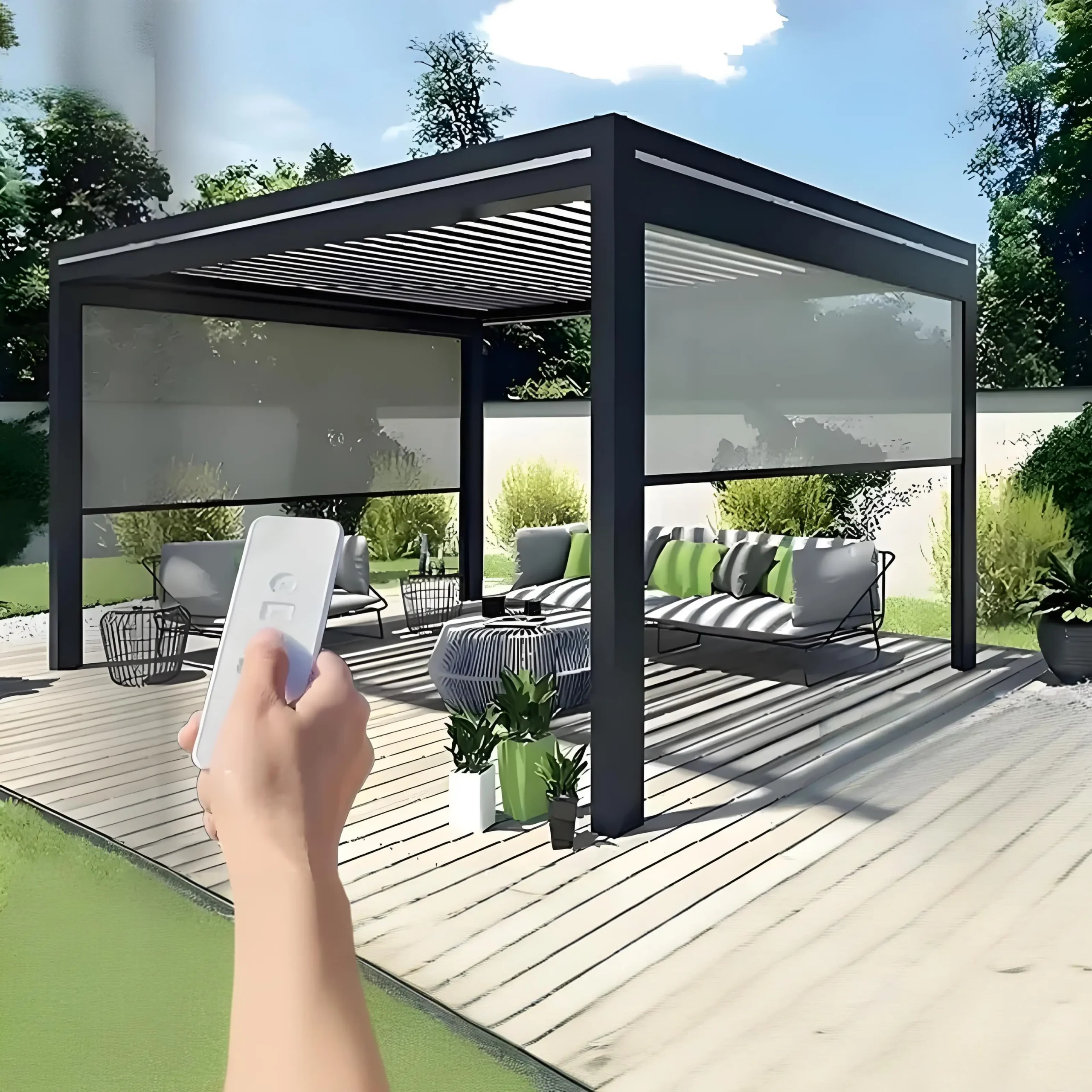 Motorized louvered aluminum pergola in an outdoor setting